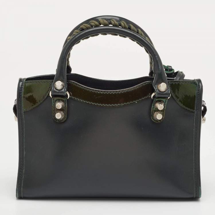 Pre Owned Balenciaga Classic Mini City Dark Green Leather and Patent Leather Bag