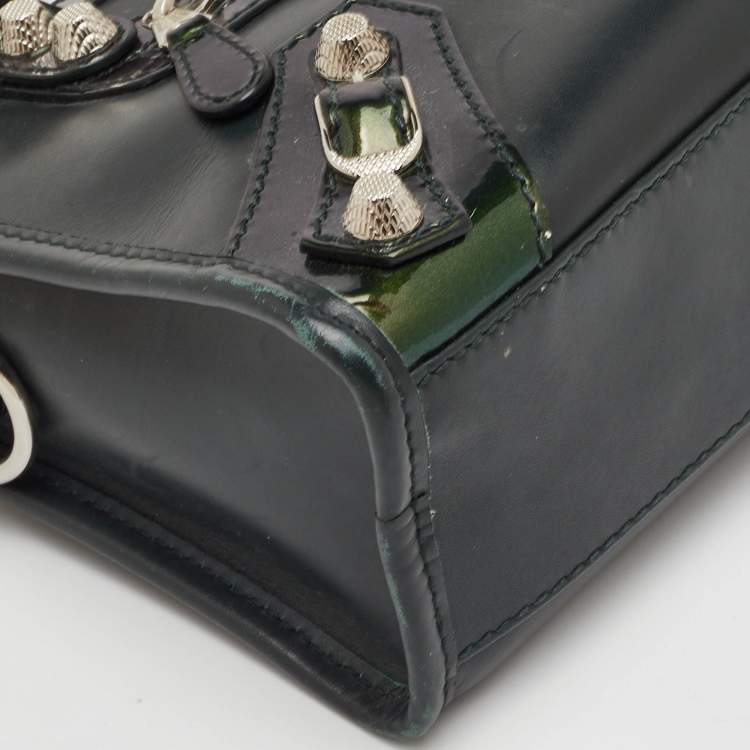 Pre Owned Balenciaga Classic Mini City Dark Green Leather and Patent Leather Bag