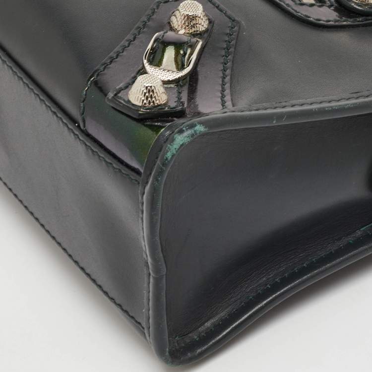 Pre Owned Balenciaga Classic Mini City Dark Green Leather and Patent Leather Bag