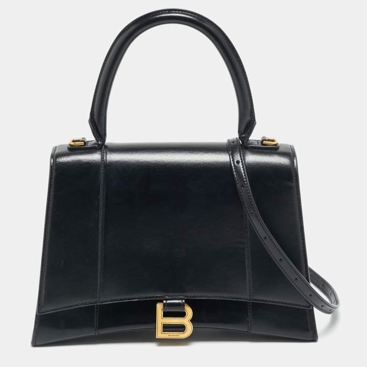 Pre Owned Balenciaga Hourglass Medium Black Leather Top Handle Bag