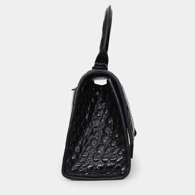 Pre Owned Balenciaga Black Croc Embossed XS Hourglass Top Handle Bag with Strap