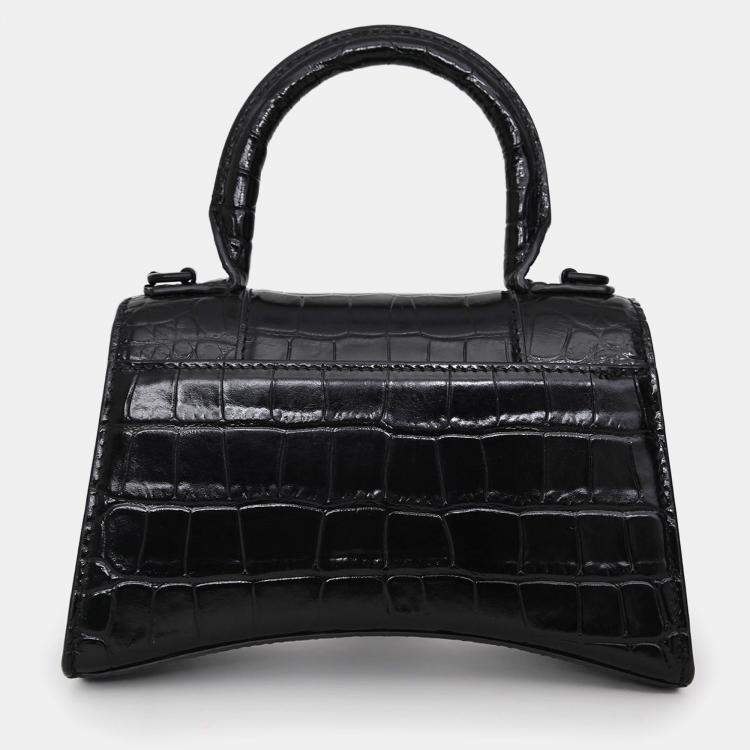 Pre Owned Balenciaga Black Croc Embossed XS Hourglass Top Handle Bag with Strap