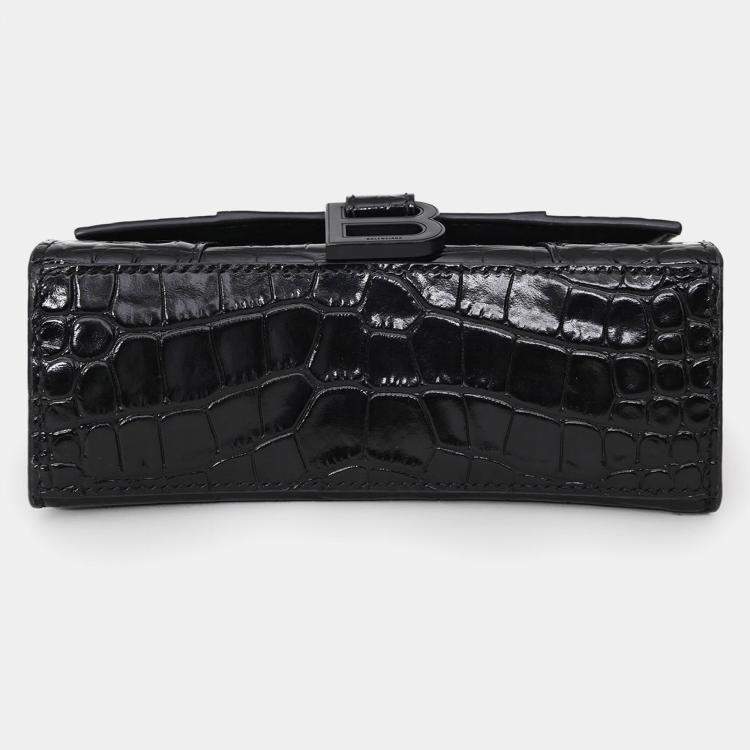 Pre Owned Balenciaga Black Croc Embossed XS Hourglass Top Handle Bag with Strap