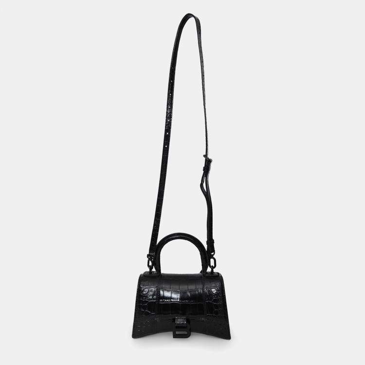Pre Owned Balenciaga Black Croc Embossed XS Hourglass Top Handle Bag with Strap