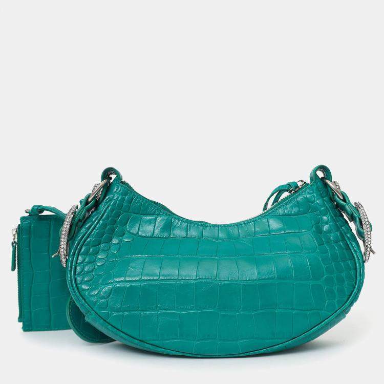 Pre Owned Balenciaga Green Leather Croc Embossed/Crystal Le Cagole Handbag