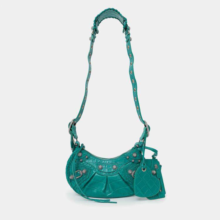 Pre Owned Balenciaga Green Leather Croc Embossed/Crystal Le Cagole Handbag