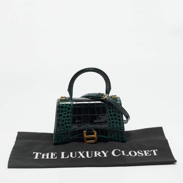 Pre Owned Balenciaga Hourglass XS Dark Green Croc Embossed Leather Top Handle Bag