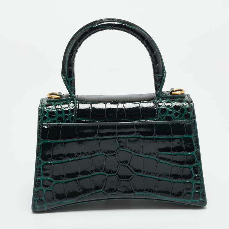 Pre Owned Balenciaga Hourglass XS Dark Green Croc Embossed Leather Top Handle Bag