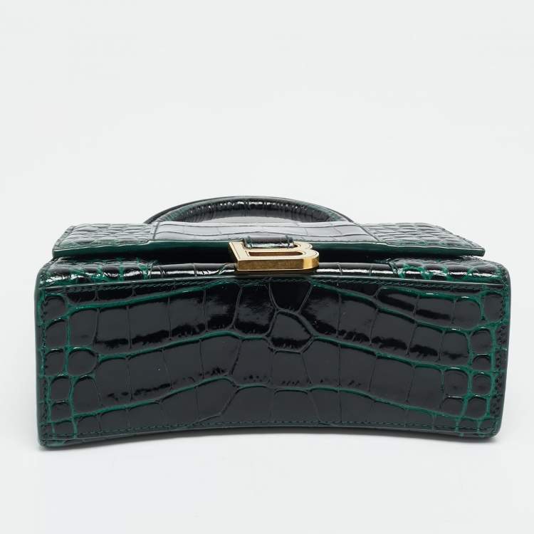 Pre Owned Balenciaga Hourglass XS Dark Green Croc Embossed Leather Top Handle Bag