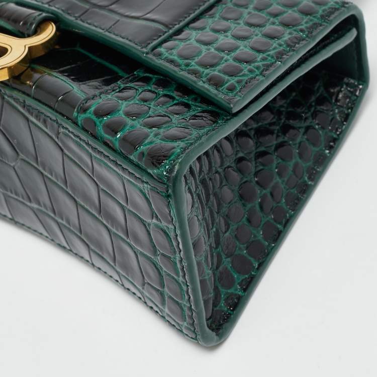 Pre Owned Balenciaga Hourglass XS Dark Green Croc Embossed Leather Top Handle Bag