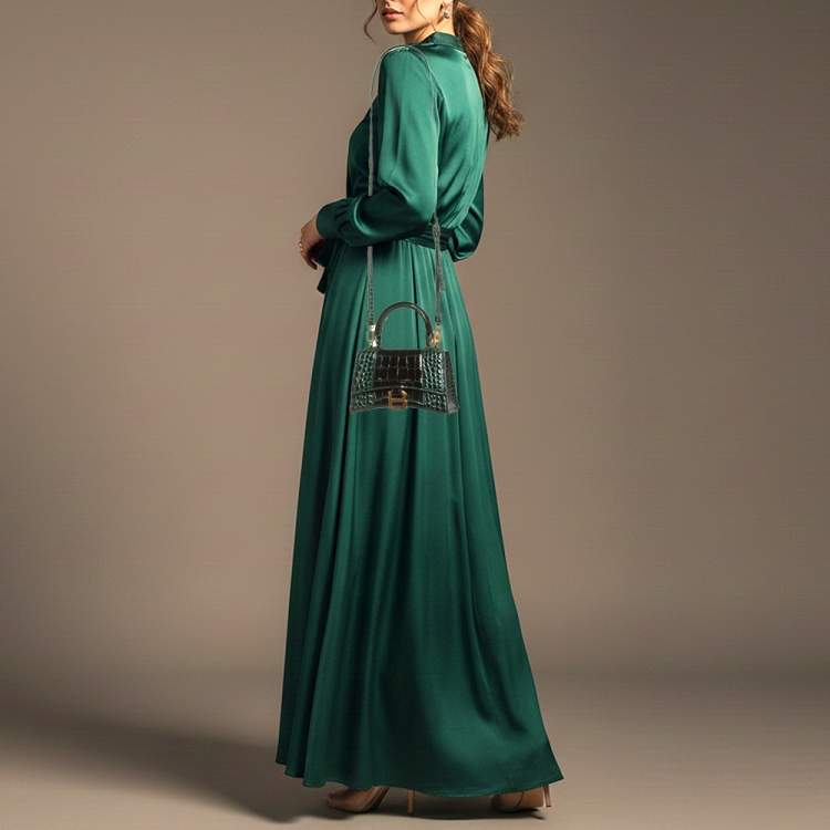 Pre Owned Balenciaga Hourglass XS Dark Green Croc Embossed Leather Top Handle Bag