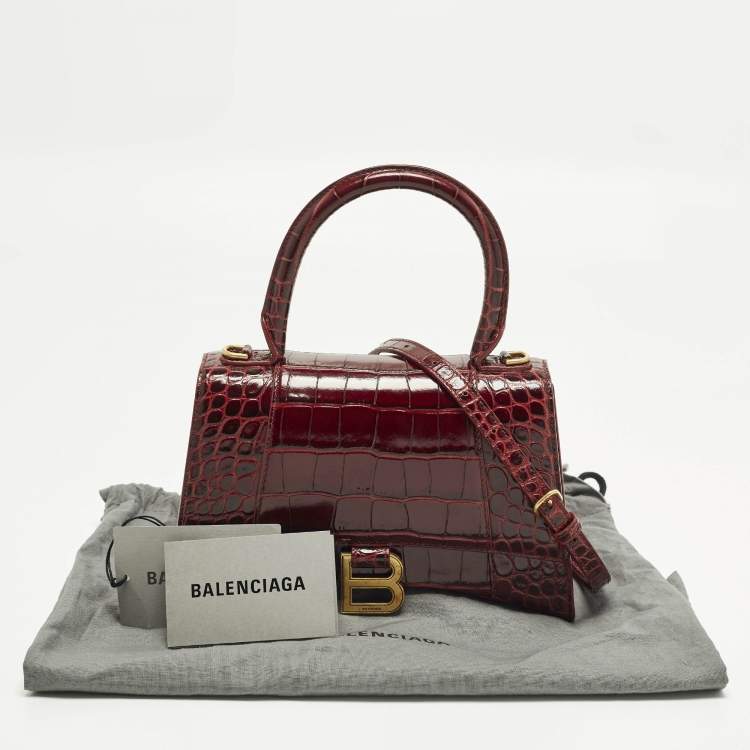 Pre Owned Balenciaga Hourglass Small Burgundy Croc Embossed Leather Top Handle Bag