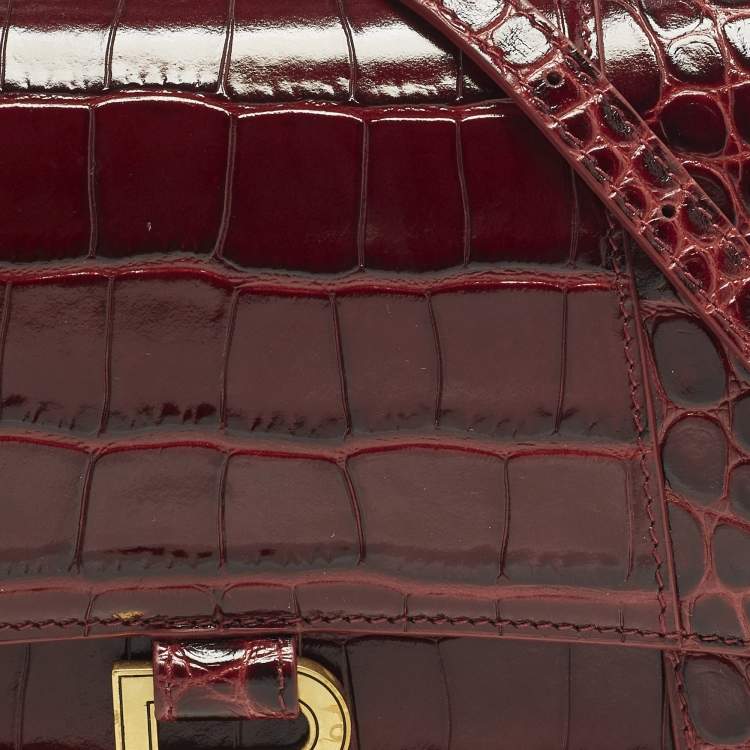 Pre Owned Balenciaga Hourglass Small Burgundy Croc Embossed Leather Top Handle Bag