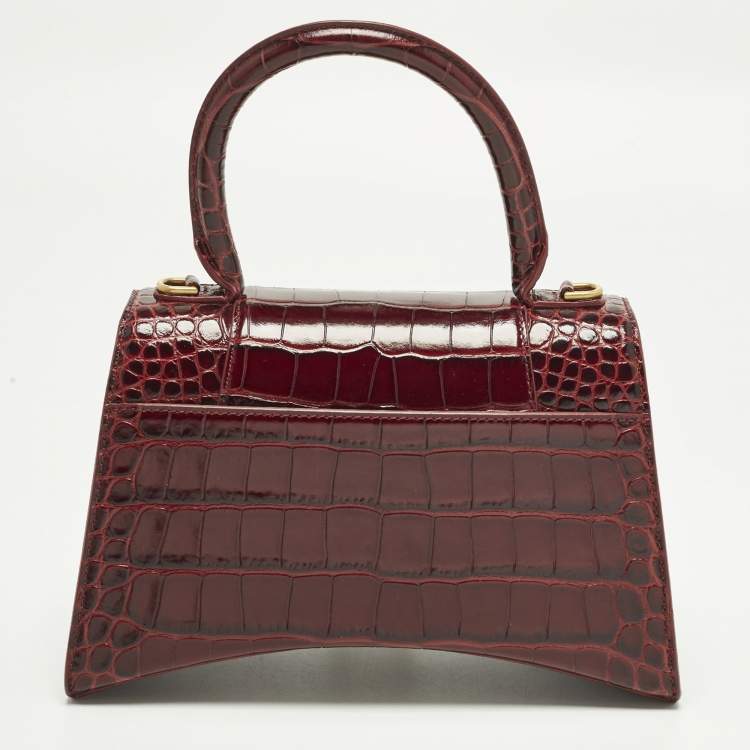 Pre Owned Balenciaga Hourglass Small Burgundy Croc Embossed Leather Top Handle Bag