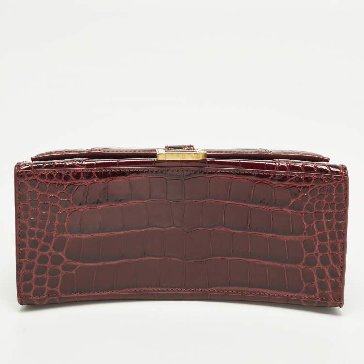 Pre Owned Balenciaga Hourglass Small Burgundy Croc Embossed Leather Top Handle Bag