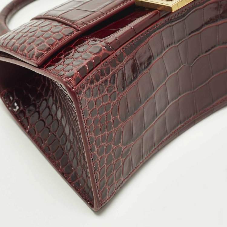 Pre Owned Balenciaga Hourglass Small Burgundy Croc Embossed Leather Top Handle Bag