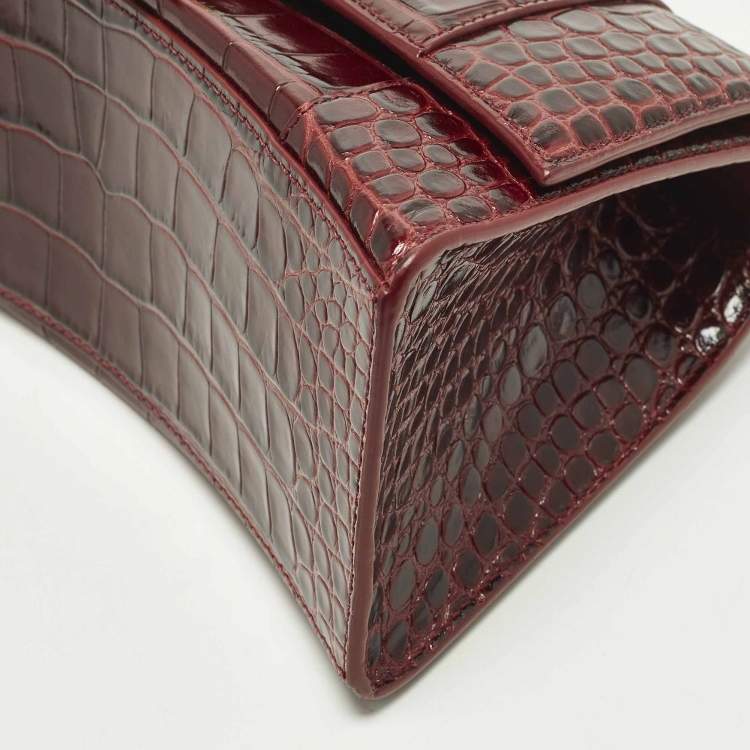 Pre Owned Balenciaga Hourglass Small Burgundy Croc Embossed Leather Top Handle Bag