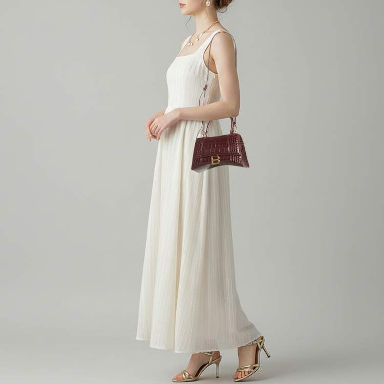 Pre Owned Balenciaga Hourglass Small Burgundy Croc Embossed Leather Top Handle Bag