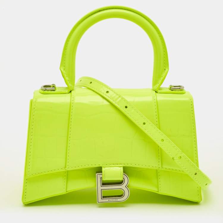 Pre Owned Balenciaga Hourglass XS Fluorescent Yellow Croc Embossed Leather Top Handle Bag