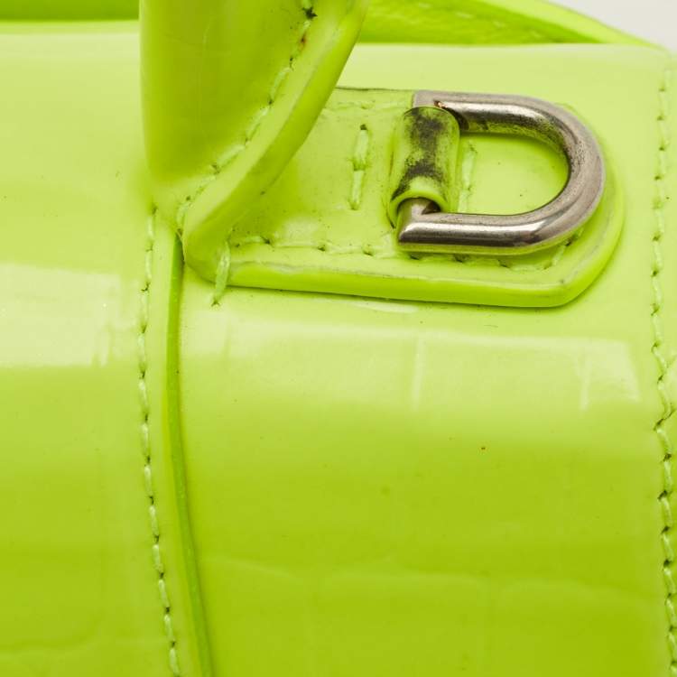 Pre Owned Balenciaga Hourglass XS Fluorescent Yellow Croc Embossed Leather Top Handle Bag