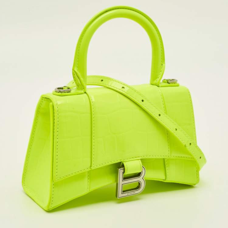 Pre Owned Balenciaga Hourglass XS Fluorescent Yellow Croc Embossed Leather Top Handle Bag