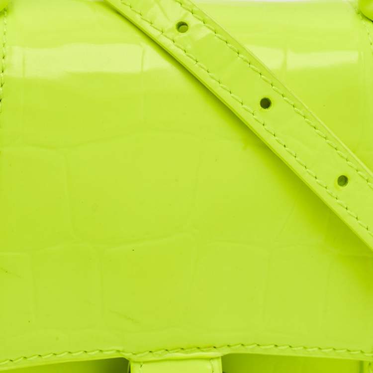 Pre Owned Balenciaga Hourglass XS Fluorescent Yellow Croc Embossed Leather Top Handle Bag