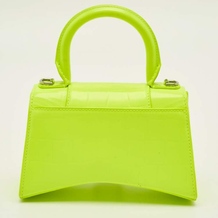Pre Owned Balenciaga Hourglass XS Fluorescent Yellow Croc Embossed Leather Top Handle Bag