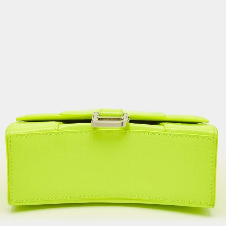 Pre Owned Balenciaga Hourglass XS Fluorescent Yellow Croc Embossed Leather Top Handle Bag