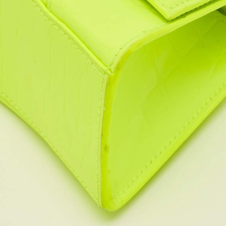 Pre Owned Balenciaga Hourglass XS Fluorescent Yellow Croc Embossed Leather Top Handle Bag