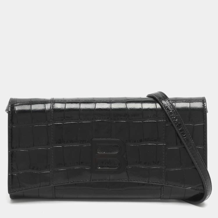 Pre Owned Balenciaga Hourglass Black Croc Embossed Leather Clutch Bag