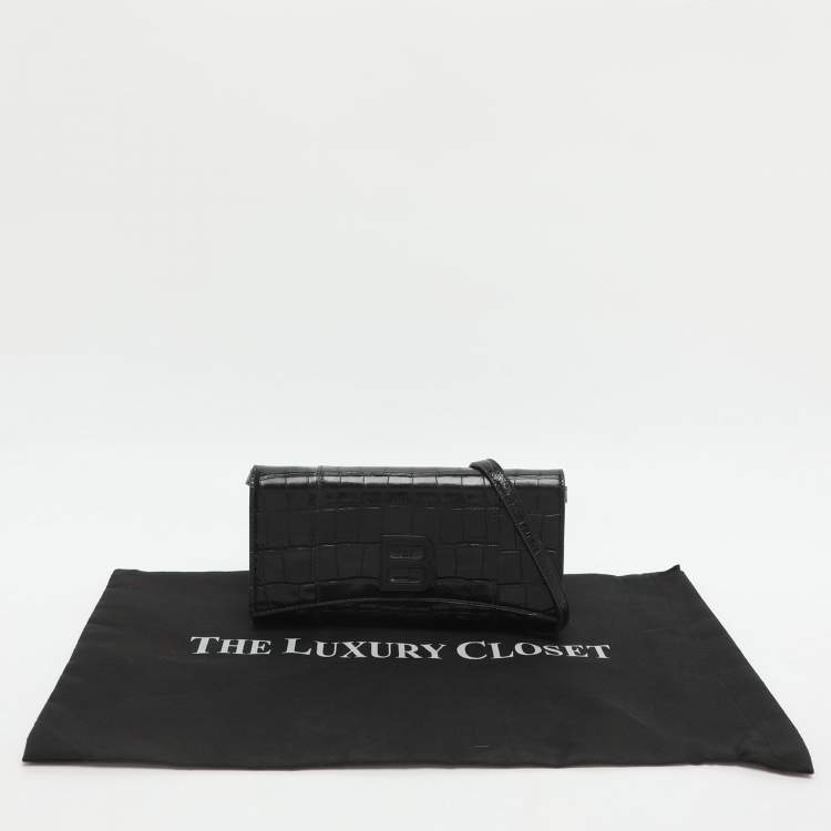 Pre Owned Balenciaga Hourglass Black Croc Embossed Leather Clutch Bag