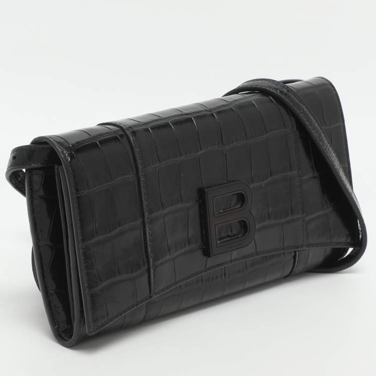 Pre Owned Balenciaga Hourglass Black Croc Embossed Leather Clutch Bag