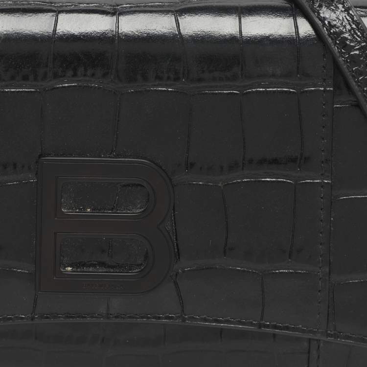 Pre Owned Balenciaga Hourglass Black Croc Embossed Leather Clutch Bag
