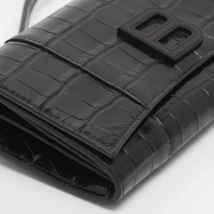 Pre Owned Balenciaga Hourglass Black Croc Embossed Leather Clutch Bag