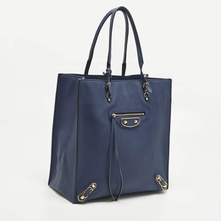 Pre Owned Balenciaga Metallic Edge Papier A5 Navy Blue Leather Tote