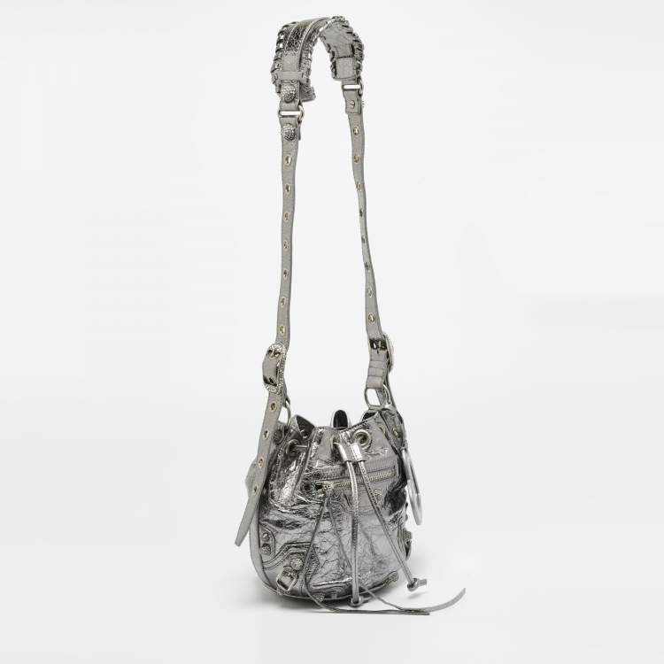 Pre Owned Balenciaga Le Cagole XS Silver Leather Bucket Bag