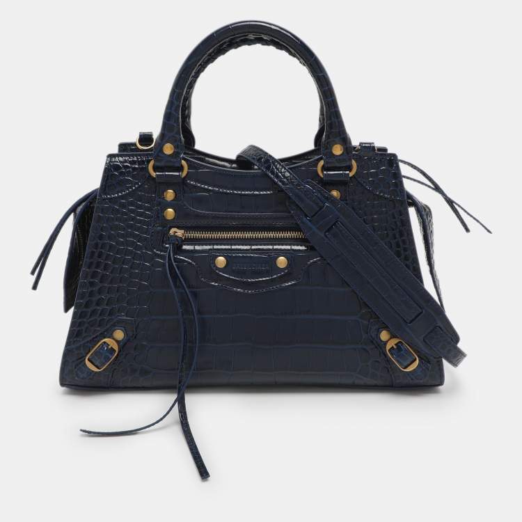 Pre Owned Balenciaga Neo Classic Small Blue Croc Embossed Leather Satchel