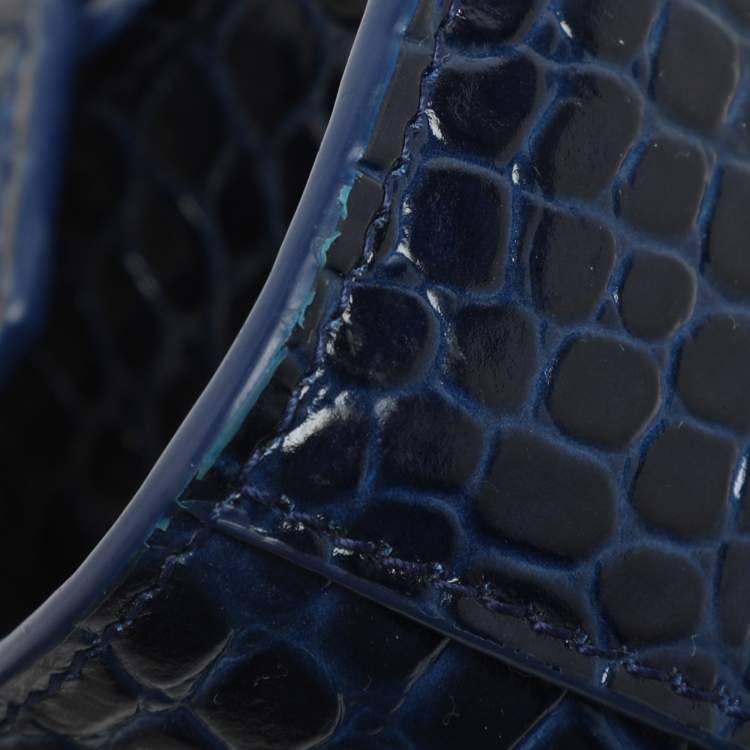 Pre Owned Balenciaga Neo Classic Small Blue Croc Embossed Leather Satchel