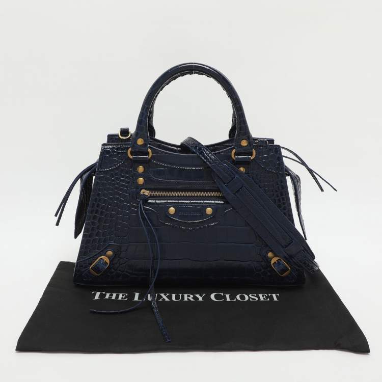 Pre Owned Balenciaga Neo Classic Small Blue Croc Embossed Leather Satchel