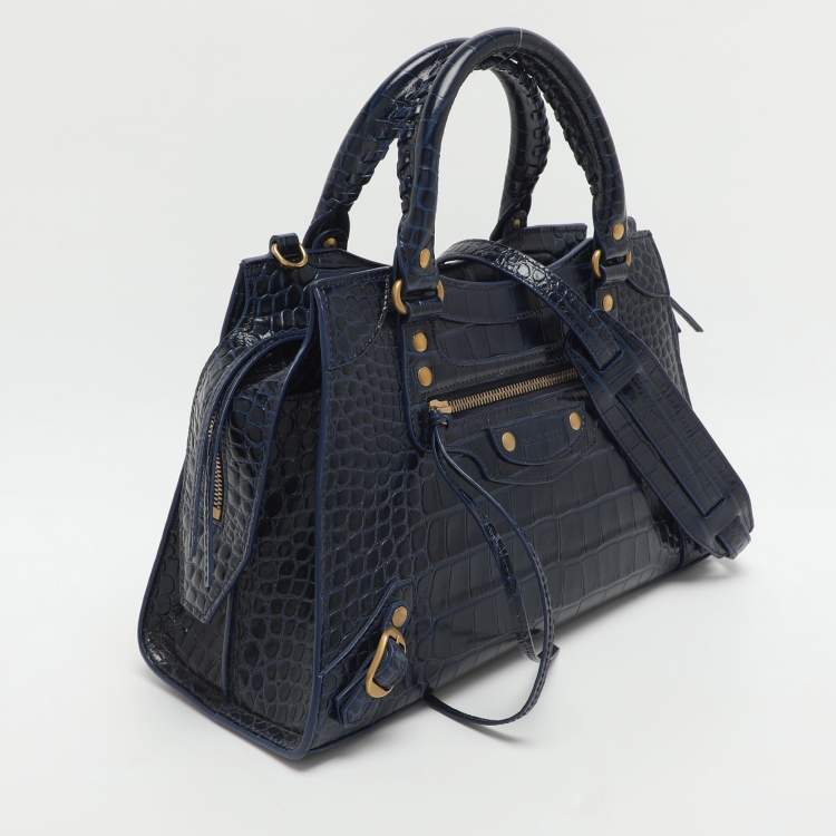 Pre Owned Balenciaga Neo Classic Small Blue Croc Embossed Leather Satchel