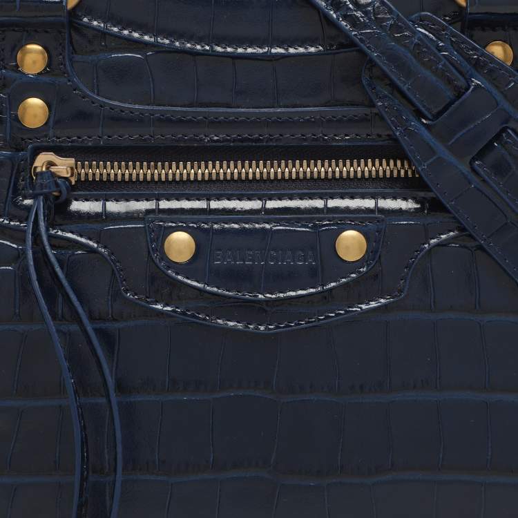 Pre Owned Balenciaga Neo Classic Small Blue Croc Embossed Leather Satchel