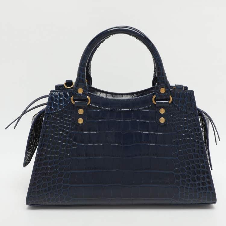 Pre Owned Balenciaga Neo Classic Small Blue Croc Embossed Leather Satchel
