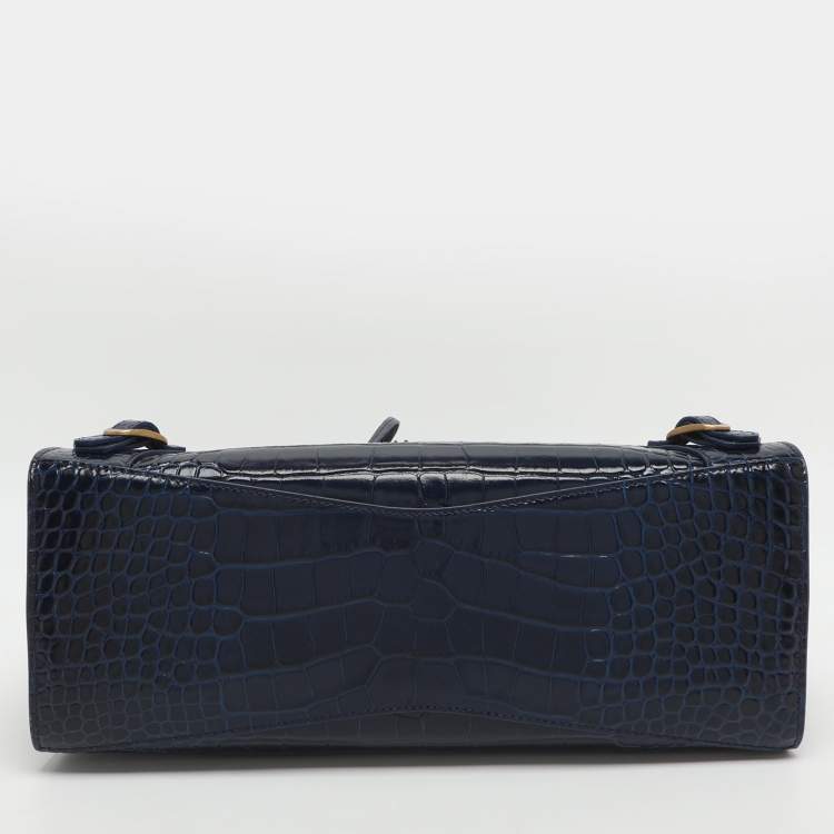 Pre Owned Balenciaga Neo Classic Small Blue Croc Embossed Leather Satchel