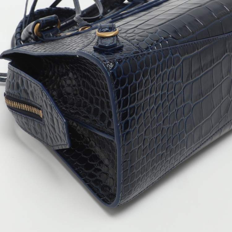 Pre Owned Balenciaga Neo Classic Small Blue Croc Embossed Leather Satchel