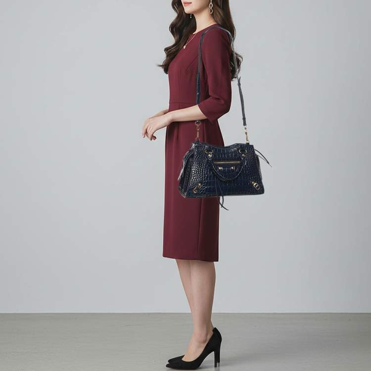 Pre Owned Balenciaga Neo Classic Small Blue Croc Embossed Leather Satchel