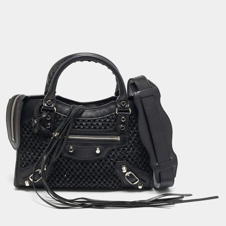 Pre Owned Balenciaga Classic City Mini Black Leather and Raffia Bag