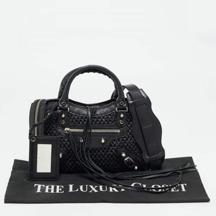 Pre Owned Balenciaga Classic City Mini Black Leather and Raffia Bag