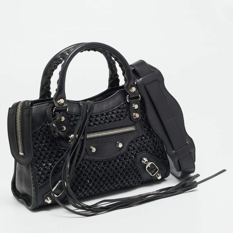 Pre Owned Balenciaga Classic City Mini Black Leather and Raffia Bag
