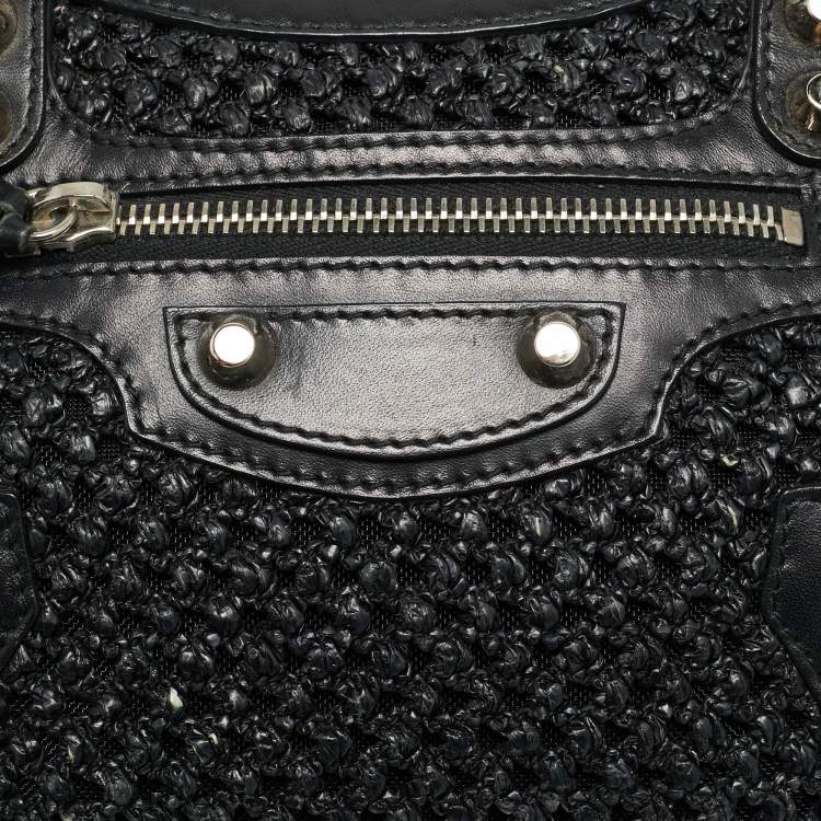Pre Owned Balenciaga Classic City Mini Black Leather and Raffia Bag