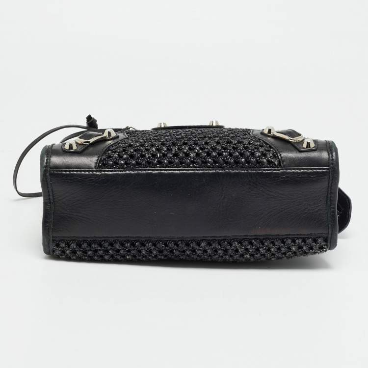 Pre Owned Balenciaga Classic City Mini Black Leather and Raffia Bag